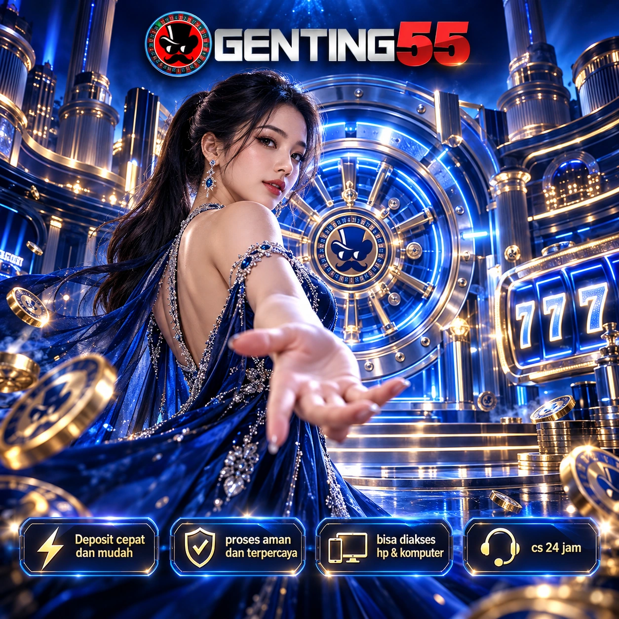 Banner GENTING55 dengan desain biru futuristik